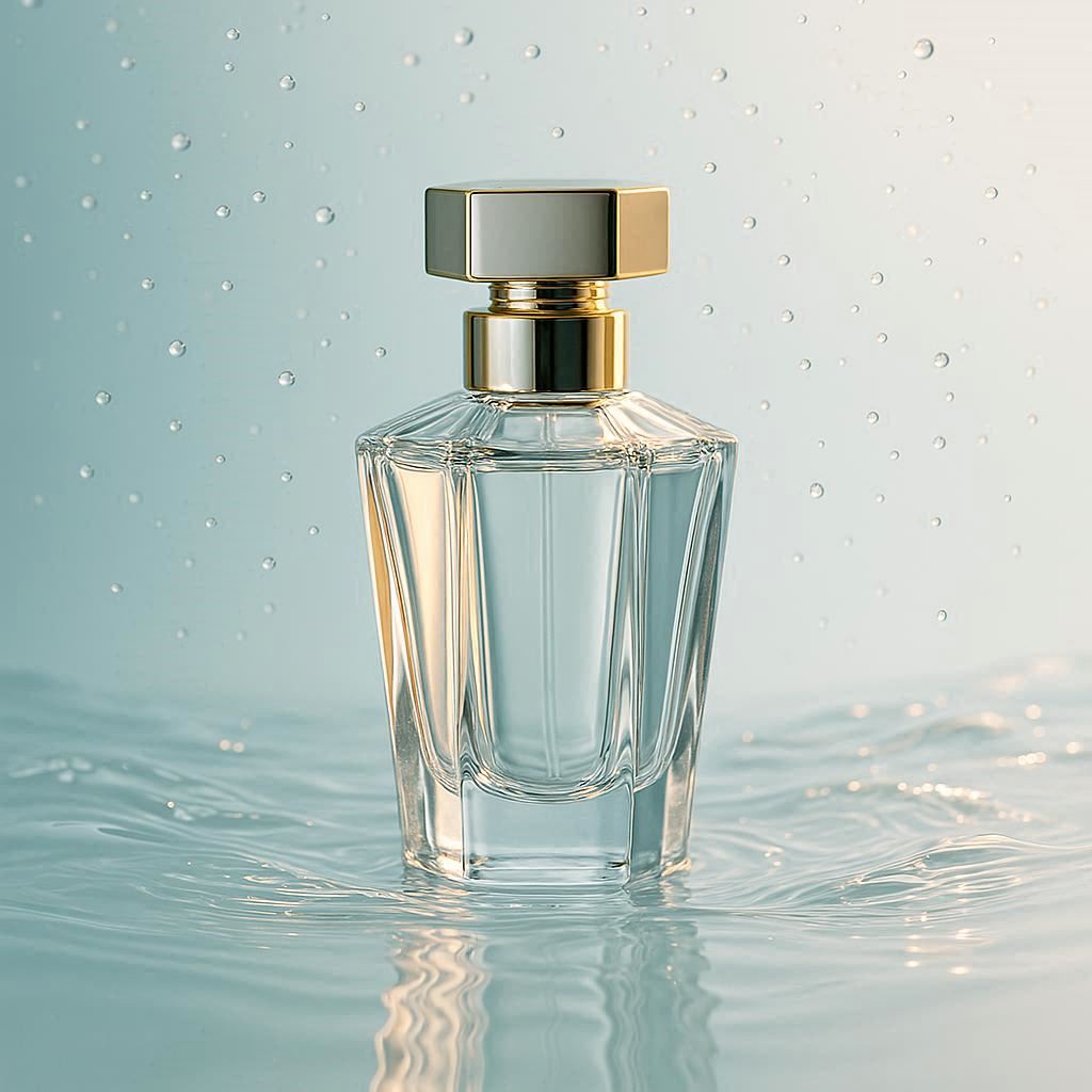 A sculpted glass perfume bottle standing on a glossy, water‑rippled surface that reflects soft shimmering highlights, surrounded by drifting droplets suspended in mid‑air like crystallized mist. The scene is styled in refined minimalist luxury, with the bottle centered against a clean gradient backdrop that transitions from pale aqua to luminous white. Cool diffused studio light creates pristine reflections along the glass edges, while a gentle beam of warm sunrise gold grazes the bottle, adding depth and elegance. Subtle waves of translucent water flow around the base, enhancing the fresh, pure, and high‑end feeling, captured in ultra‑sharp premium product photography with crisp focus and smooth depth of field.